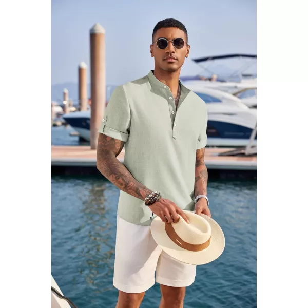 COOFANDY Men's Casual Henley Shirt Short Sleeve Band Collar Linen Shirt Summer Beach Hippie T-Shirts