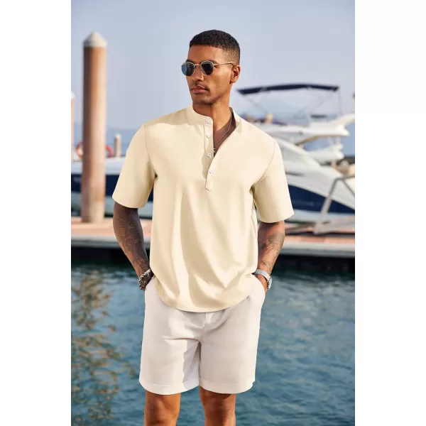 COOFANDY Men's Casual Henley Shirt Short Sleeve Band Collar Linen Shirt Summer Beach Hippie T-Shirts