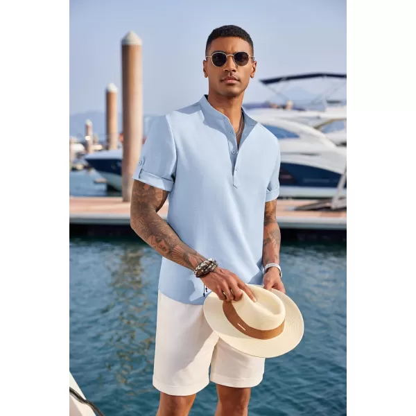 COOFANDY Men's Casual Henley Shirt Short Sleeve Band Collar Linen Shirt Summer Beach Hippie T-Shirts