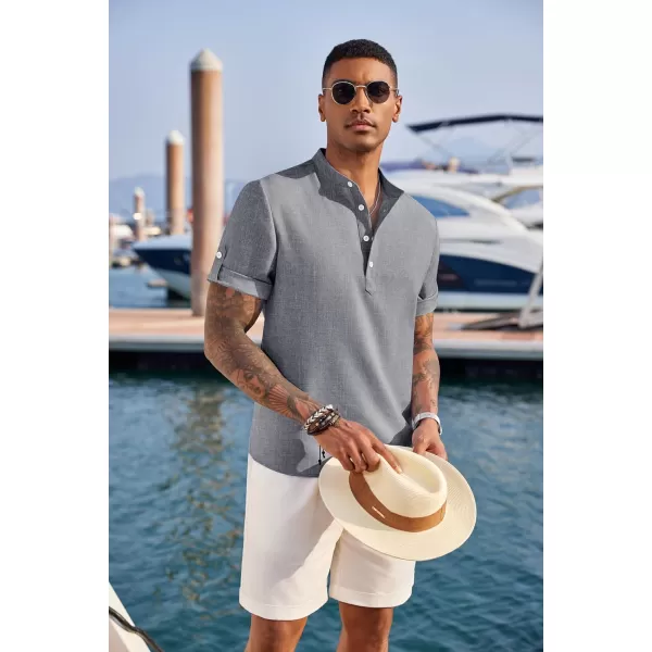 COOFANDY Men's Casual Henley Shirt Short Sleeve Band Collar Linen Shirt Summer Beach Hippie T-Shirts