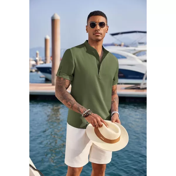 COOFANDY Men's Casual Henley Shirt Short Sleeve Band Collar Linen Shirt Summer Beach Hippie T-Shirts