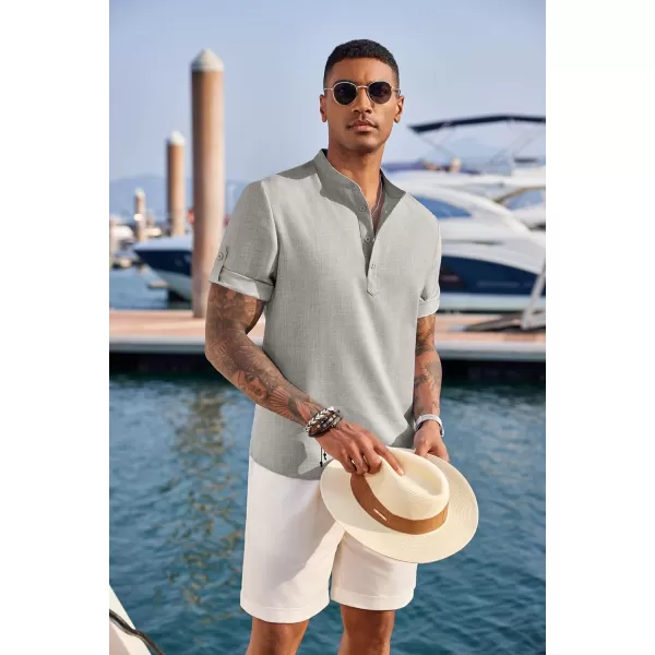 COOFANDY Men's Casual Henley Shirt Short Sleeve Band Collar Linen Shirt Summer Beach Hippie T-Shirts