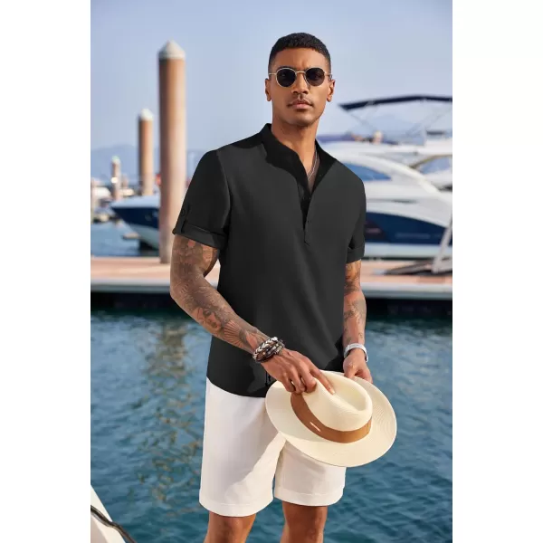 COOFANDY Men's Casual Henley Shirt Short Sleeve Band Collar Linen Shirt Summer Beach Hippie T-Shirts
