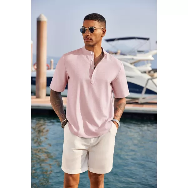 COOFANDY Men's Casual Henley Shirt Short Sleeve Band Collar Linen Shirt Summer Beach Hippie T-Shirts