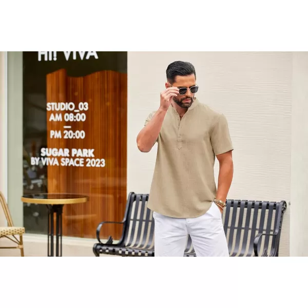 COOFANDY Men's Casual Henley Shirt Short Sleeve Linen Shirt Band Collar Summer Beach Hippie T-Shirts
