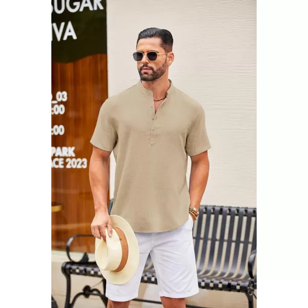 COOFANDY Men's Casual Henley Shirt Short Sleeve Linen Shirt Band Collar Summer Beach Hippie T-Shirts