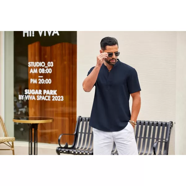 COOFANDY Men's Casual Henley Shirt Short Sleeve Linen Shirt Band Collar Summer Beach Hippie T-Shirts