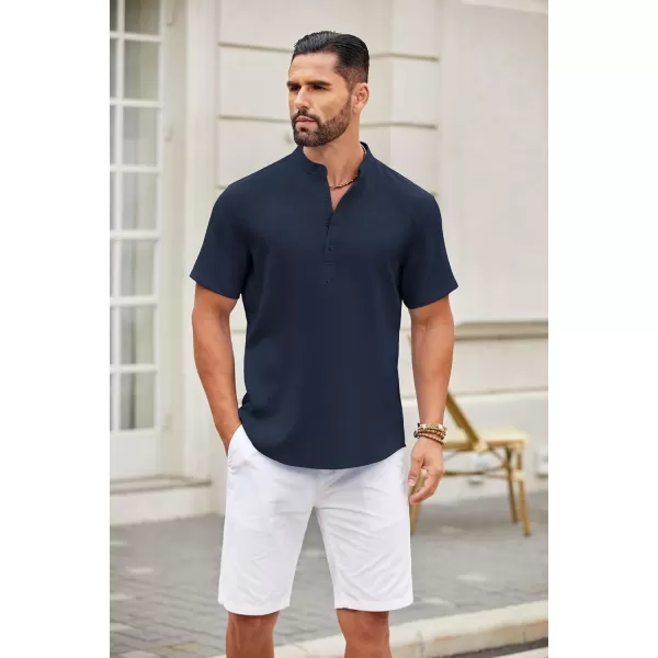 COOFANDY Men's Casual Henley Shirt Short Sleeve Linen Shirt Band Collar Summer Beach Hippie T-Shirts