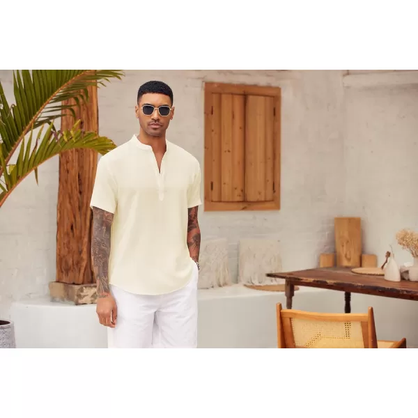 COOFANDY Men's Casual Henley Shirt Short Sleeve Linen Shirt Band Collar Summer Beach Hippie T-Shirts