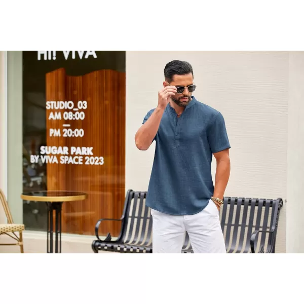 COOFANDY Men's Casual Henley Shirt Short Sleeve Linen Shirt Band Collar Summer Beach Hippie T-Shirts