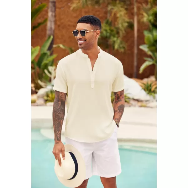 COOFANDY Men's Casual Henley Shirt Short Sleeve Linen Shirt Band Collar Summer Beach Hippie T-Shirts