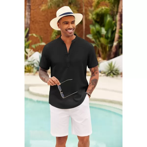 COOFANDY Men's Casual Henley Shirt Short Sleeve Linen Shirt Band Collar Summer Beach Hippie T-Shirts