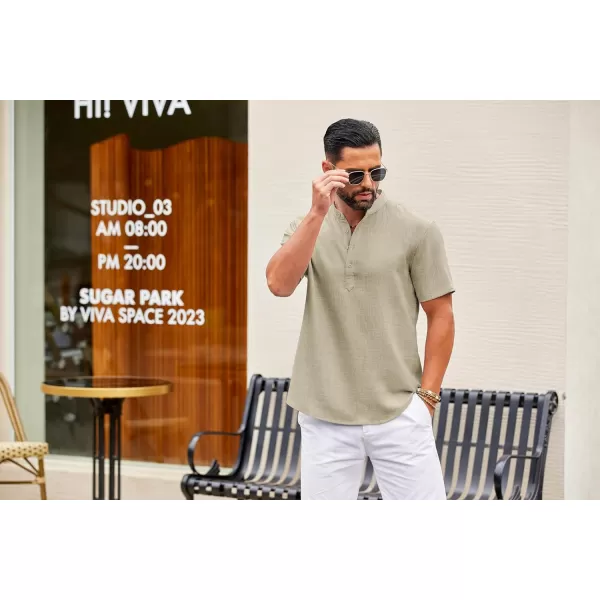 COOFANDY Men's Casual Henley Shirt Short Sleeve Linen Shirt Band Collar Summer Beach Hippie T-Shirts