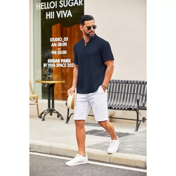 COOFANDY Men's Casual Henley Shirt Short Sleeve Linen Shirt Band Collar Summer Beach Hippie T-Shirts