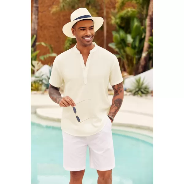 COOFANDY Men's Casual Henley Shirt Short Sleeve Linen Shirt Band Collar Summer Beach Hippie T-Shirts