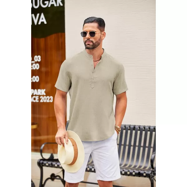 COOFANDY Men's Casual Henley Shirt Short Sleeve Linen Shirt Band Collar Summer Beach Hippie T-Shirts