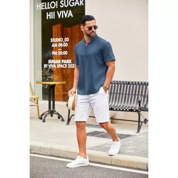 COOFANDY Men's Casual Henley Shirt Short Sleeve Linen Shirt Band Collar Summer Beach Hippie T-Shirts