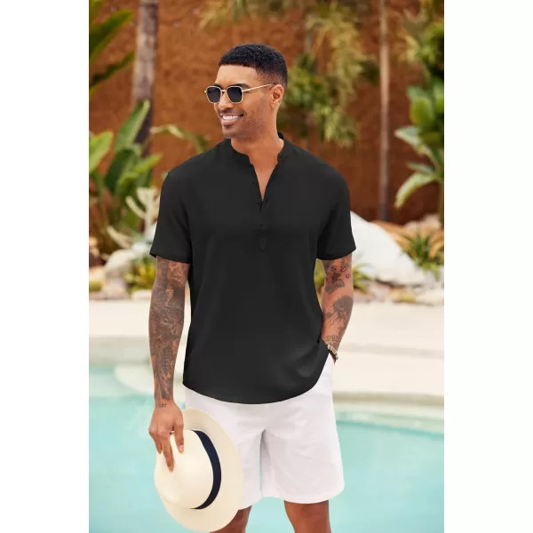 COOFANDY Men's Casual Henley Shirt Short Sleeve Linen Shirt Band Collar Summer Beach Hippie T-Shirts