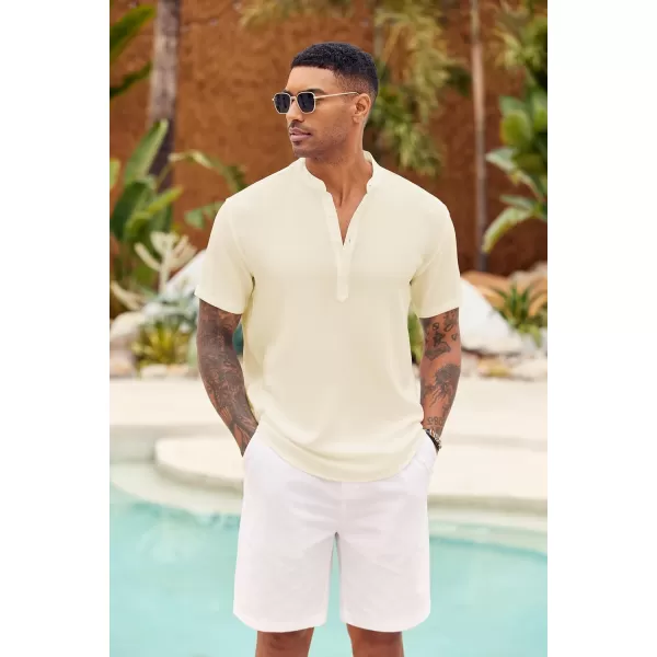 COOFANDY Men's Casual Henley Shirt Short Sleeve Linen Shirt Band Collar Summer Beach Hippie T-Shirts