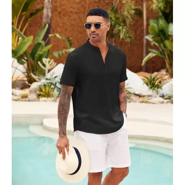 COOFANDY Men's Casual Henley Shirt Short Sleeve Linen Shirt Band Collar Summer Beach Hippie T-Shirts