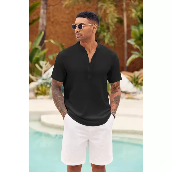 COOFANDY Men's Casual Henley Shirt Short Sleeve Linen Shirt Band Collar Summer Beach Hippie T-Shirts