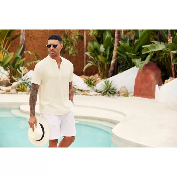 COOFANDY Men's Casual Henley Shirt Short Sleeve Linen Shirt Band Collar Summer Beach Hippie T-Shirts