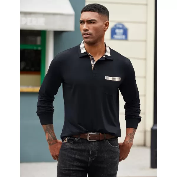 COOFANDY Men's Casual Polo Shirt Long Sleeve Classic Plaid Button Tees with Pockets