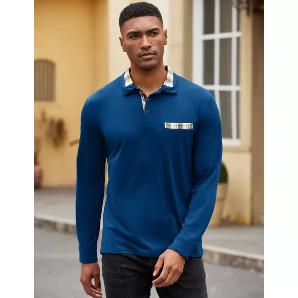 COOFANDY Men's Casual Polo Shirt Long Sleeve Classic Plaid Button Tees with Pockets