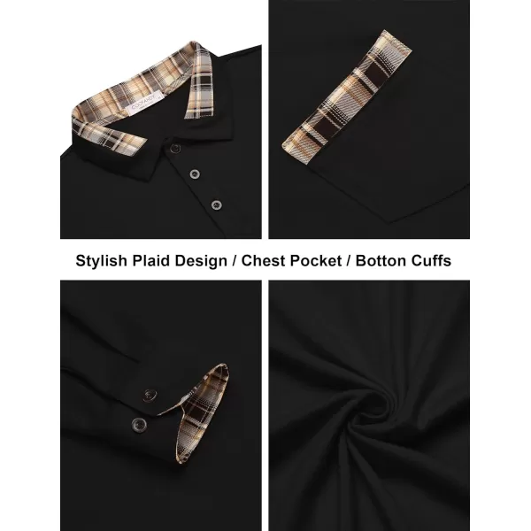 COOFANDY Men's Casual Polo Shirt Long Sleeve Classic Plaid Button Tees with Pockets