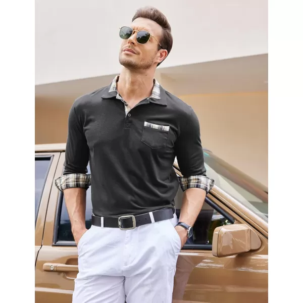 COOFANDY Men's Casual Polo Shirt Long Sleeve Classic Plaid Button Tees with Pockets