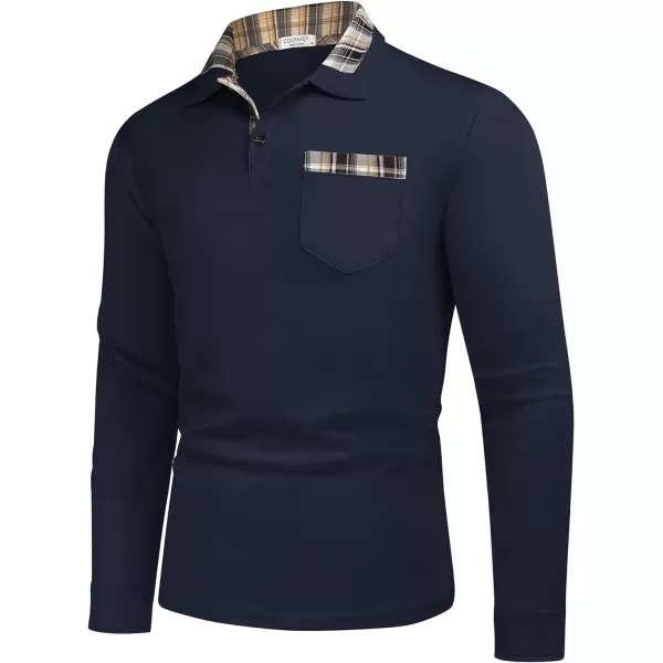 COOFANDY Men's Casual Polo Shirt Long Sleeve Classic Plaid Button Tees with Pockets