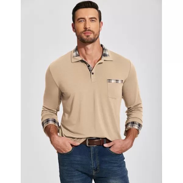 COOFANDY Men's Casual Polo Shirt Long Sleeve Classic Plaid Button Tees with Pockets