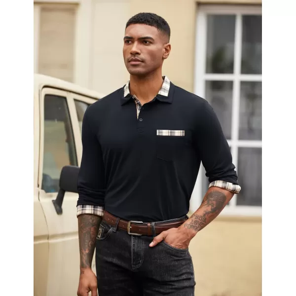 COOFANDY Men's Casual Polo Shirt Long Sleeve Classic Plaid Button Tees with Pockets