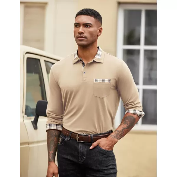 COOFANDY Men's Casual Polo Shirt Long Sleeve Classic Plaid Button Tees with Pockets