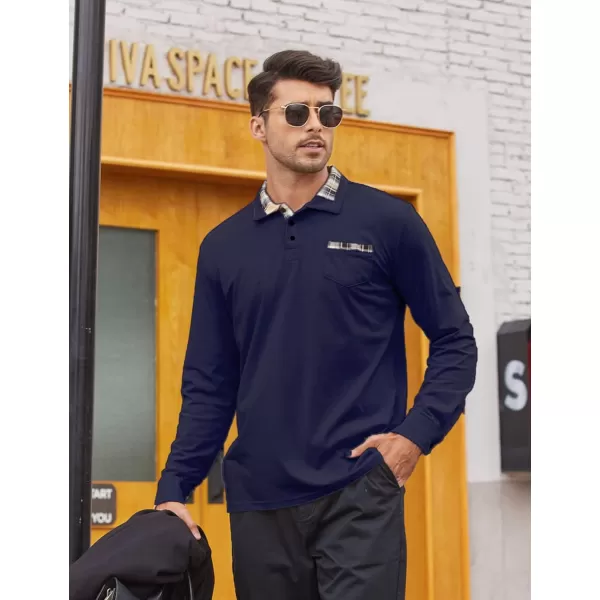COOFANDY Men's Casual Polo Shirt Long Sleeve Classic Plaid Button Tees with Pockets