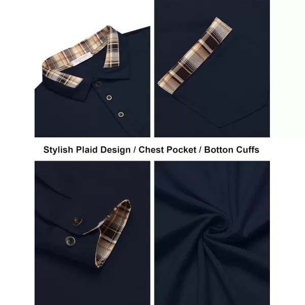 COOFANDY Men's Casual Polo Shirt Long Sleeve Classic Plaid Button Tees with Pockets