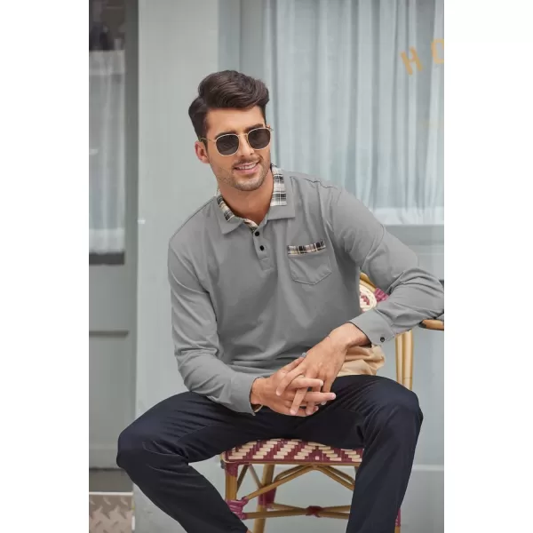 COOFANDY Men's Casual Polo Shirt Long Sleeve Classic Plaid Button Tees with Pockets