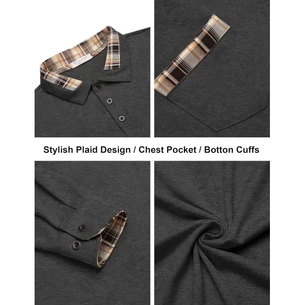 COOFANDY Men's Casual Polo Shirt Long Sleeve Classic Plaid Button Tees with Pockets