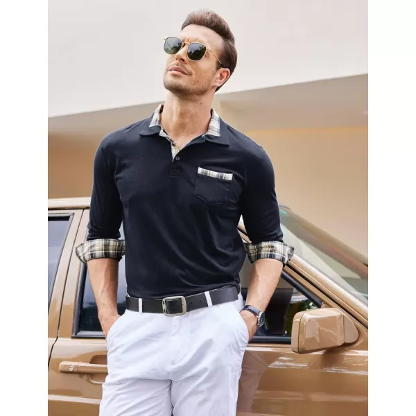 COOFANDY Men's Casual Polo Shirt Long Sleeve Classic Plaid Button Tees with Pockets