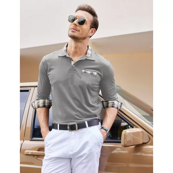 COOFANDY Men's Casual Polo Shirt Long Sleeve Classic Plaid Button Tees with Pockets
