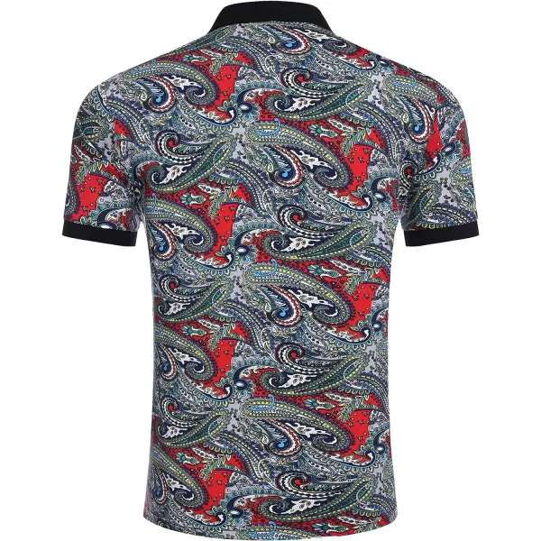 COOFANDY Mens Casual Short Sleeve Polo Shirts Slim Fit Paisley Polo T Shirts Floral Print Shirt