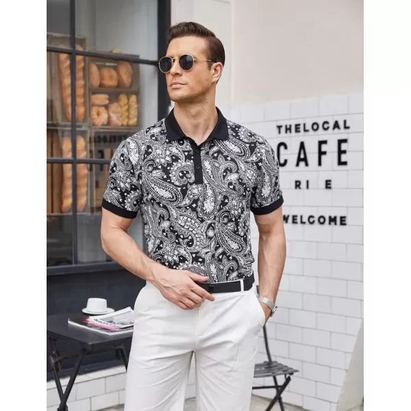 COOFANDY Mens Casual Short Sleeve Polo Shirts Slim Fit Paisley Polo T Shirts Floral Print Shirt