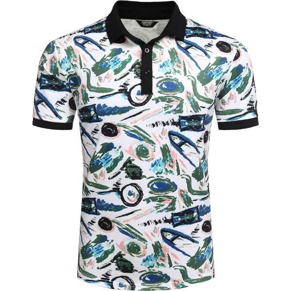 COOFANDY Mens Casual Short Sleeve Polo Shirts Slim Fit Paisley Polo T Shirts Floral Print Shirt