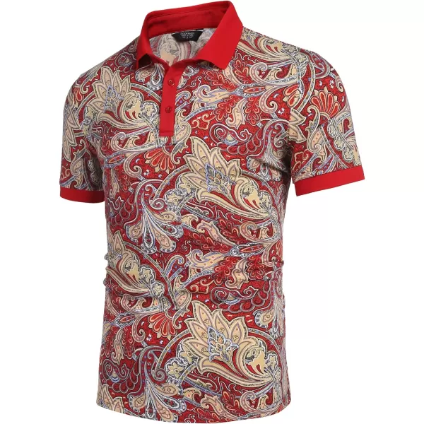 COOFANDY Mens Casual Short Sleeve Polo Shirts Slim Fit Paisley Polo T Shirts Floral Print Shirt