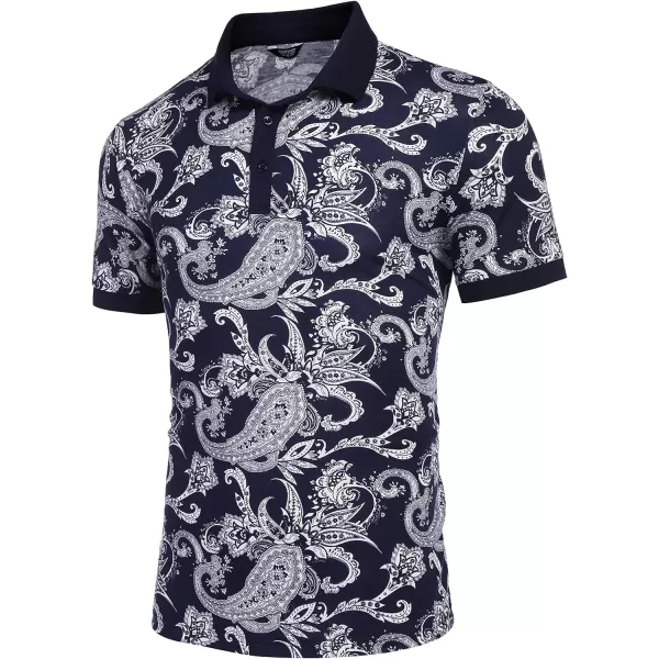 COOFANDY Mens Casual Short Sleeve Polo Shirts Slim Fit Paisley Polo T Shirts Floral Print Shirt