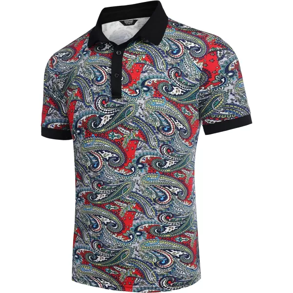 COOFANDY Mens Casual Short Sleeve Polo Shirts Slim Fit Paisley Polo T Shirts Floral Print Shirt