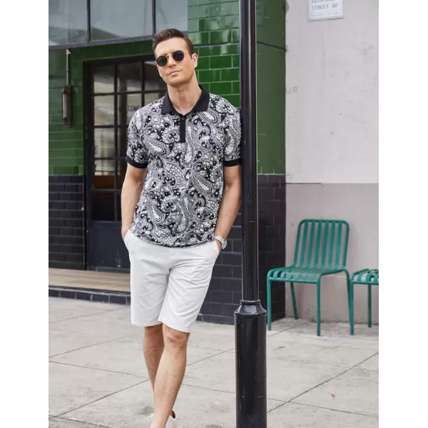 COOFANDY Mens Casual Short Sleeve Polo Shirts Slim Fit Paisley Polo T Shirts Floral Print Shirt