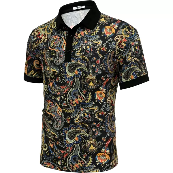 COOFANDY Mens Casual Short Sleeve Polo Shirts Slim Fit Paisley Polo T Shirts Floral Print Shirt