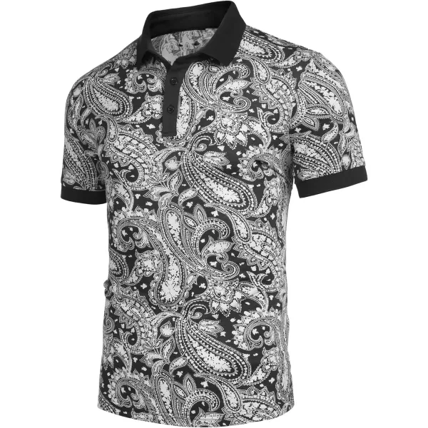 COOFANDY Mens Casual Short Sleeve Polo Shirts Slim Fit Paisley Polo T Shirts Floral Print Shirt