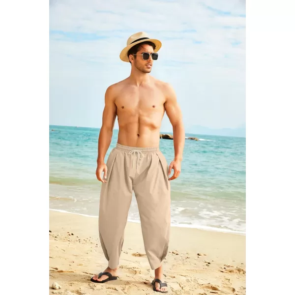 COOFANDY Men's Cotton Linen Harem Pants Drawstring Casual Cropped Trousers Lightweight Loose Beach Yoga Pants with Pockets